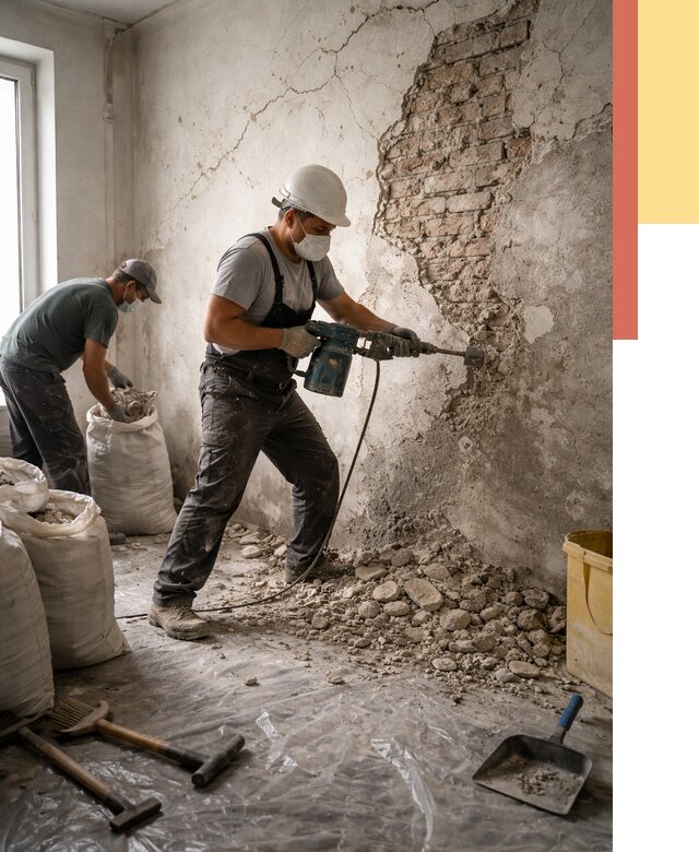 Демонтаж штукатурки со стен в Карпинске от 7393 руб/м² — быстро и недорого | ОТДЕЛОЧНИК-Кпн