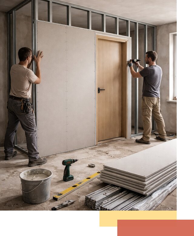 Перегородка из гипсокартона с дверью под ключ в Карпинске