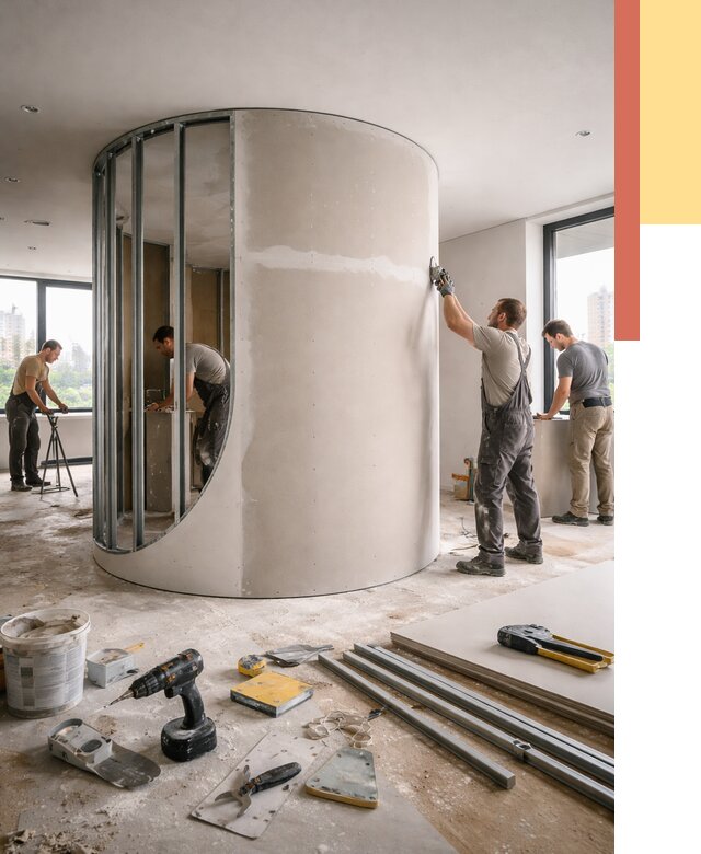 Радиусная перегородка из гипсокартона в Карпинске от 2978 руб. под ключ | ОТДЕЛОЧНИК-Кпн