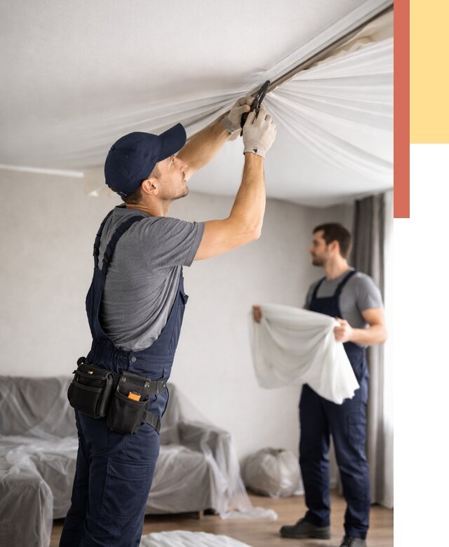 Демонтаж натяжного потолка в Карпинске от 4621 руб. — снятие и разбор под ключ | ОТДЕЛОЧНИК-Кпн