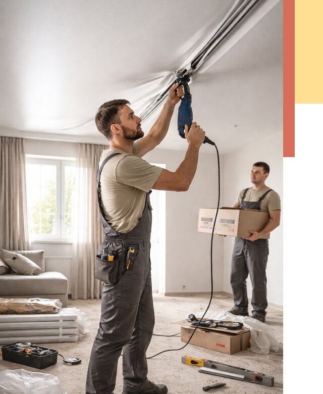 Монтаж сатинового натяжного потолка в Карпинске от 3594 руб. | Быстро, недорого — ОТДЕЛОЧНИК-Кпн