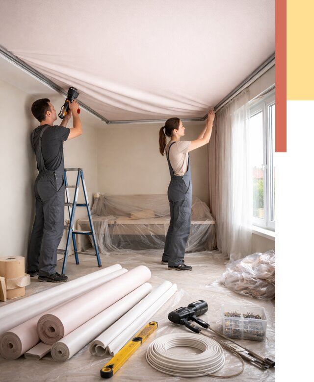 Монтаж цветного натяжного потолка в Карпинске от 4313 руб/м² — быстро и недорого | ОТДЕЛОЧНИК-Кпн