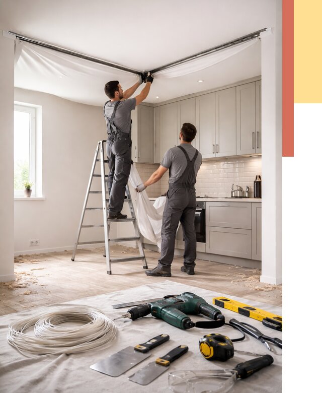 Установка натяжного потолка на кухне в Карпинске от 2464 руб. | ОТДЕЛОЧНИК-Кпн