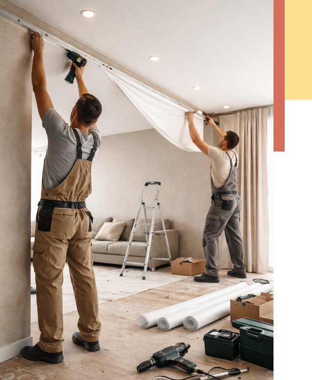 Монтаж натяжного потолка в гостиной в Карпинске от 565 руб. | ОТДЕЛОЧНИК-Кпн