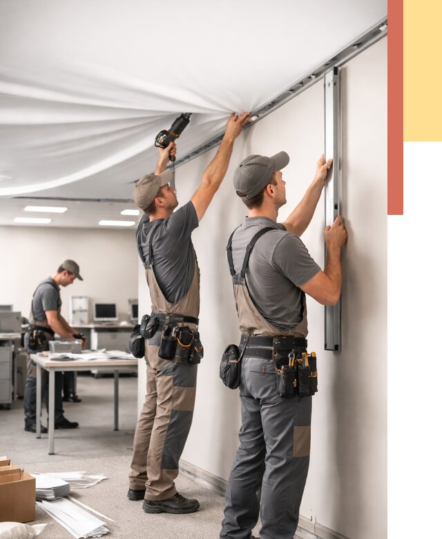 Монтаж натяжного потолка в офисе в Карпинске от 462 руб/м² — быстро и недорого | ОТДЕЛОЧНИК-Кпн