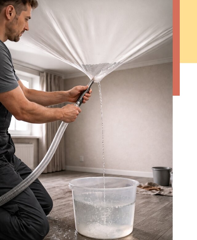 Слив воды с натяжного потолка в Карпинске от 2567 руб. быстро и недорого | ОТДЕЛОЧНИК-Кпн