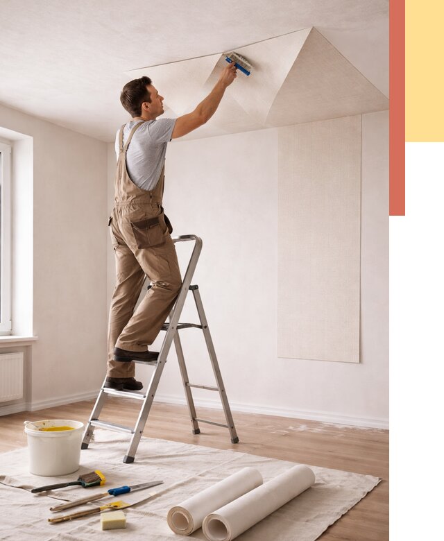 Поклейка обоев на потолок в Карпинске от 4621 руб. быстро и недорого | ОТДЕЛОЧНИК-Кпн